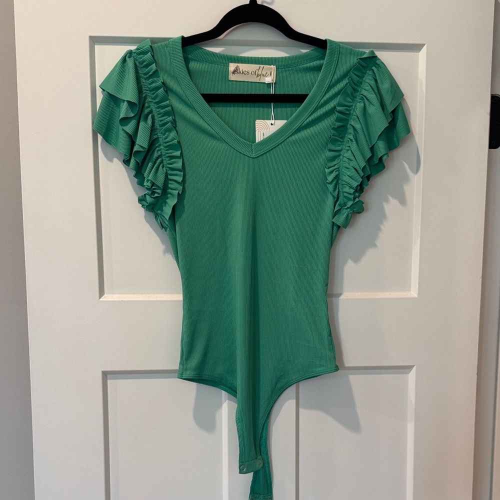 Chic Green Ruffled V-Neck Bodysuit